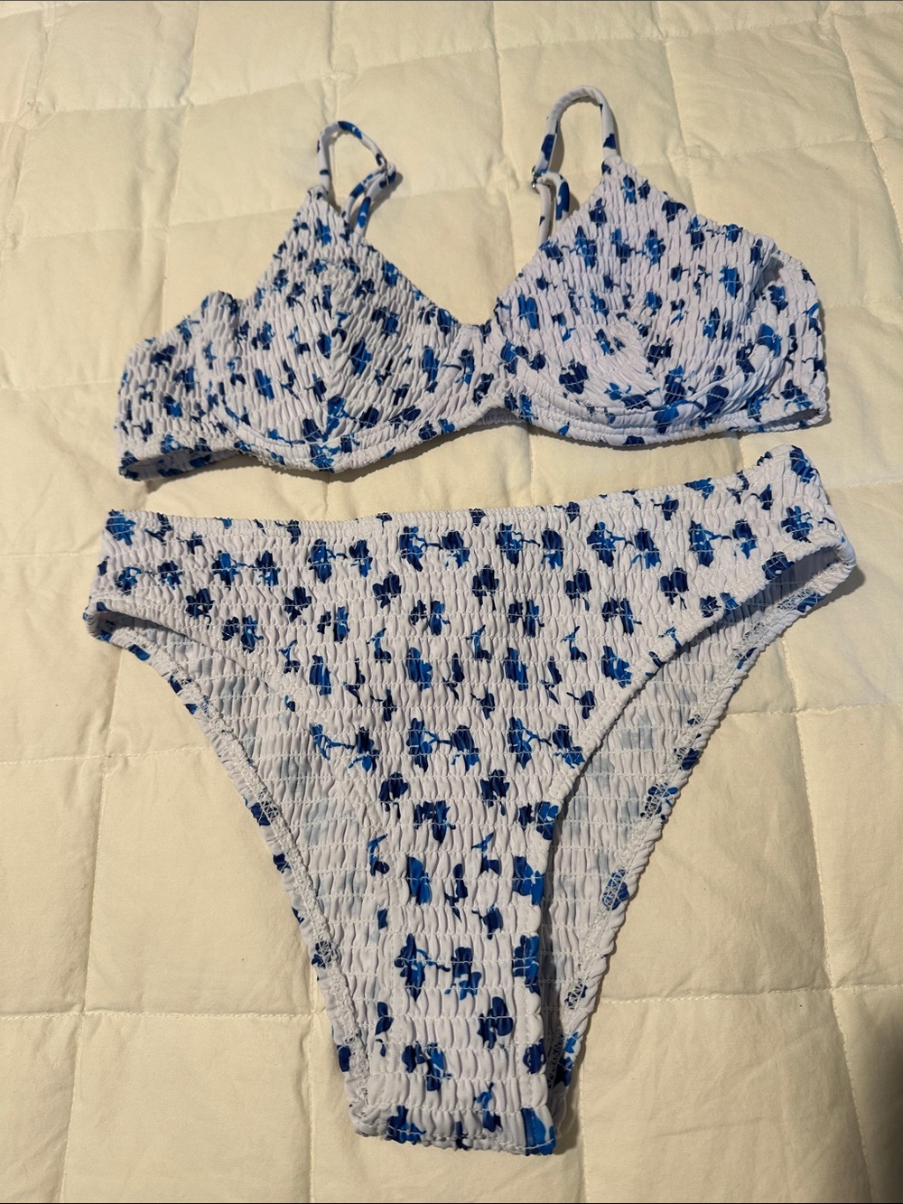 SHEIN White With Blue Floral Smocked two-Piece Swim Set